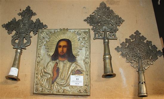 Three Ethiopian coptic crosses and an Icon of Christ